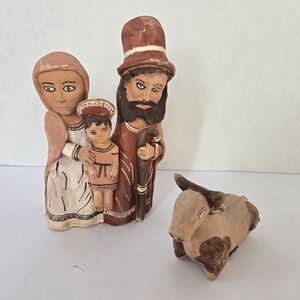 Peru Terra Cotta Clay Handmade Folk Art Nativity Mary, Joseph, Jesus With Ox
